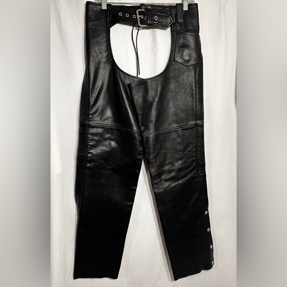 WOMENS XS FMC BLACK LEATHER MOTORCYCLE BIKER CHAPS